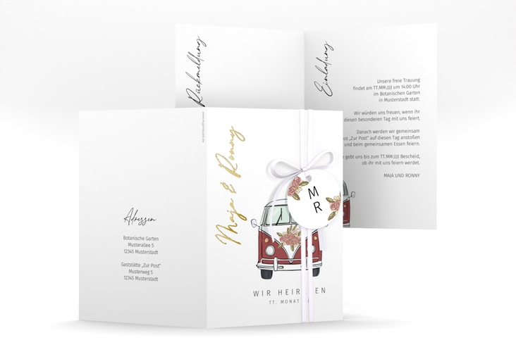Einladungskarte Hochzeit Hochzeitsbulli A6 Klappkarte hoch rot gold mit Gräsern und Trockenblumen für Boho-Hochzeit
