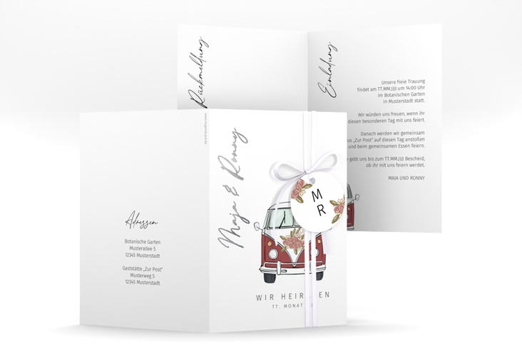 Einladungskarte Hochzeit Hochzeitsbulli A6 Klappkarte hoch rot silber mit Gräsern und Trockenblumen für Boho-Hochzeit
