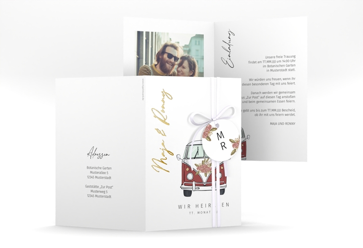 Einladungskarte Hochzeit Hochzeitsbulli A6 Klappkarte hoch rot gold mit Gräsern und Trockenblumen für Boho-Hochzeit