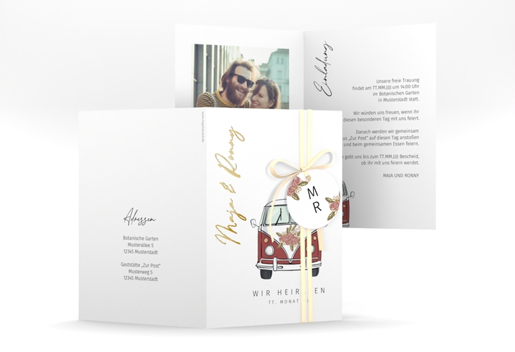 Einladungskarte Hochzeit Hochzeitsbulli A6 Klappkarte hoch rot gold mit Gräsern und Trockenblumen für Boho-Hochzeit