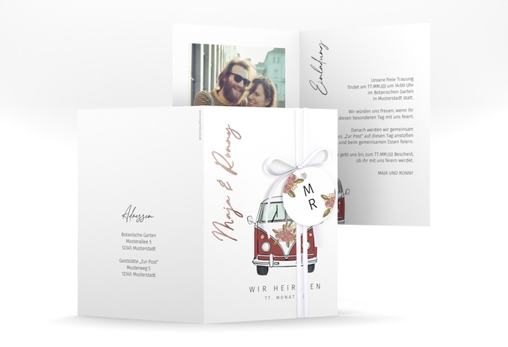 Einladungskarte Hochzeit Hochzeitsbulli A6 Klappkarte hoch rot rosegold mit Gräsern und Trockenblumen für Boho-Hochzeit