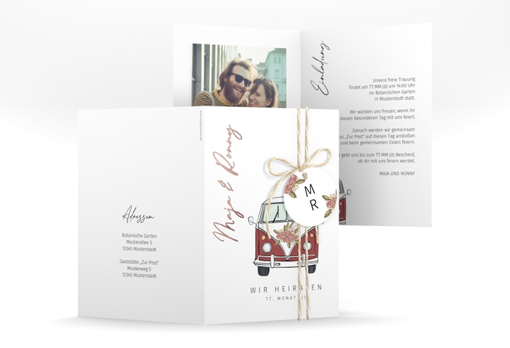 Einladungskarte Hochzeit Hochzeitsbulli A6 Klappkarte hoch rot rosegold mit Gräsern und Trockenblumen für Boho-Hochzeit