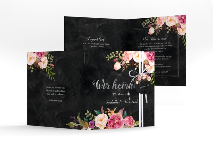 Hochzeitseinladung Flowers quadr. Klappkarte schwarz silber mit bunten Aquarell-Blumen