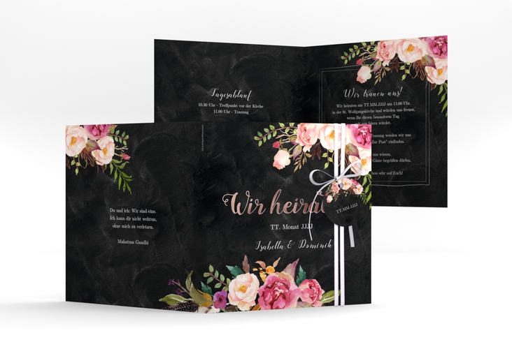 Hochzeitseinladung Flowers quadr. Klappkarte schwarz rosegold mit bunten Aquarell-Blumen