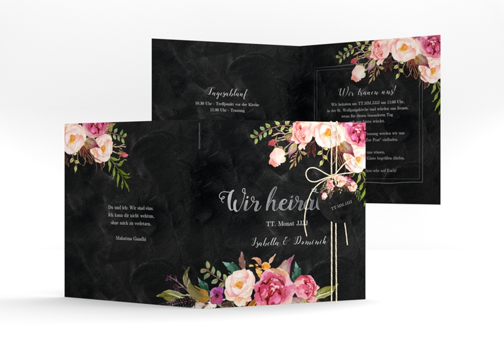 Hochzeitseinladung Flowers quadr. Klappkarte schwarz silber mit bunten Aquarell-Blumen