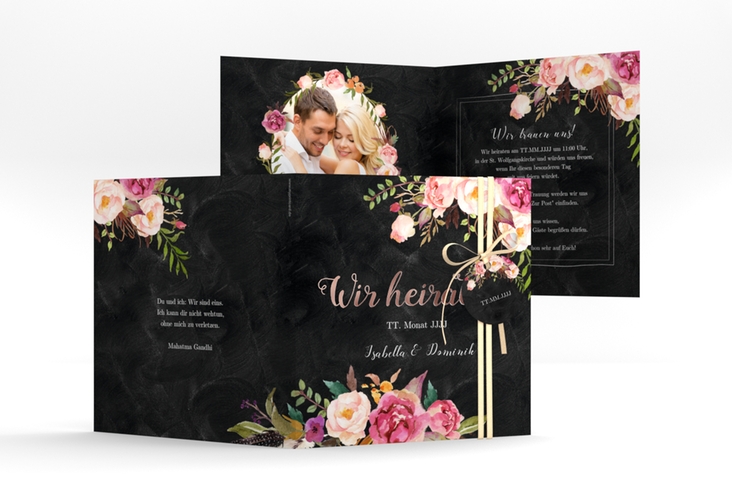 Hochzeitseinladung Flowers quadr. Klappkarte schwarz rosegold mit bunten Aquarell-Blumen