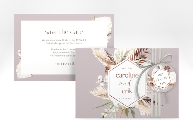 Save the Date-Karte Bohemian A6 Karte quer flieder rosegold