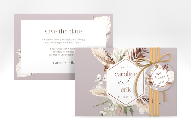 Save the Date-Karte Bohemian A6 Karte quer flieder rosegold