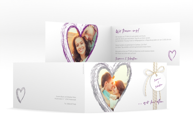 Hochzeitseinladung Liebe lange Klappkarte quer lila silber