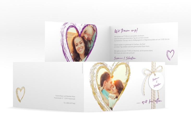 Hochzeitseinladung Liebe lange Klappkarte quer lila gold