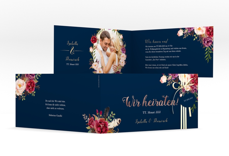 Hochzeitseinladung Flowers lange Klappkarte quer blau rosegold mit bunten Aquarell-Blumen