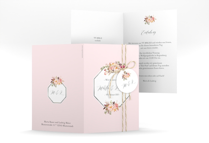 Einladungskarte Hochzeit Prachtvoll A6 Klappkarte hoch rosa silber