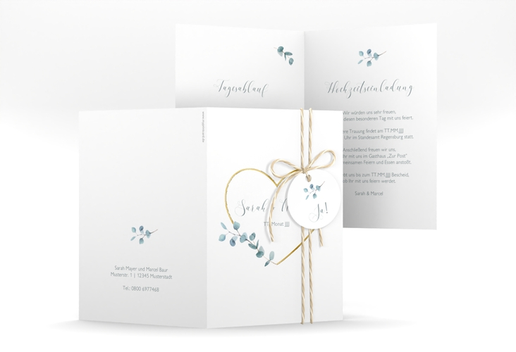 Einladungskarte Hochzeit Greenheart A6 Klappkarte hoch gold gold mit elegantem Herz und Eukalyptus-Zweig