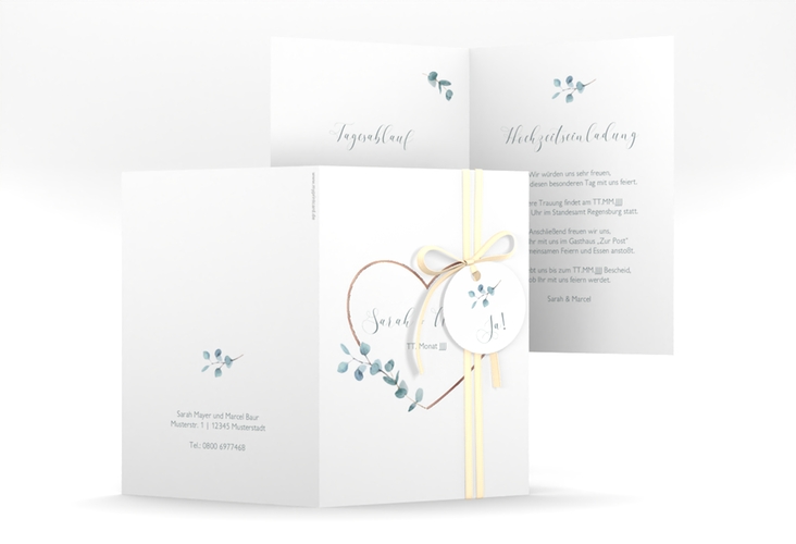 Einladungskarte Hochzeit Greenheart A6 Klappkarte hoch gold rosegold mit elegantem Herz und Eukalyptus-Zweig