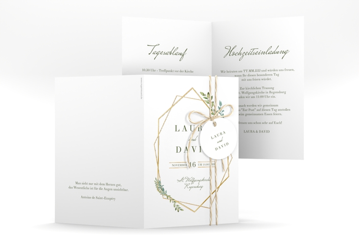Einladungskarte Hochzeit Herbarium A6 Klappkarte hoch rosa gold mit geometrischem Rahmen und Blätter-Dekor