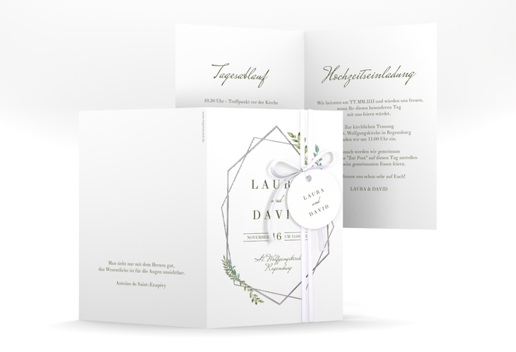 Einladungskarte Hochzeit Herbarium A6 Klappkarte hoch rosa silber mit geometrischem Rahmen und Blätter-Dekor