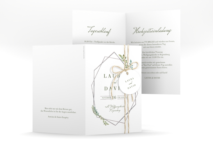 Einladungskarte Hochzeit Herbarium A6 Klappkarte hoch rosa silber mit geometrischem Rahmen und Blätter-Dekor