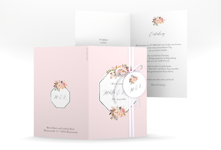 Einladungskarte Hochzeit Prachtvoll A6 Klappkarte hoch rosa silber