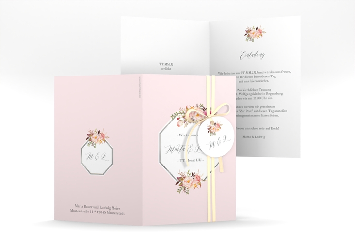 Einladungskarte Hochzeit Prachtvoll A6 Klappkarte hoch rosa silber