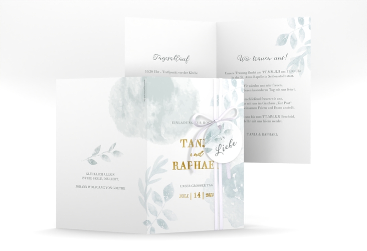 Einladungskarte Hochzeit Blätterdruck A6 Klappkarte hoch mint gold