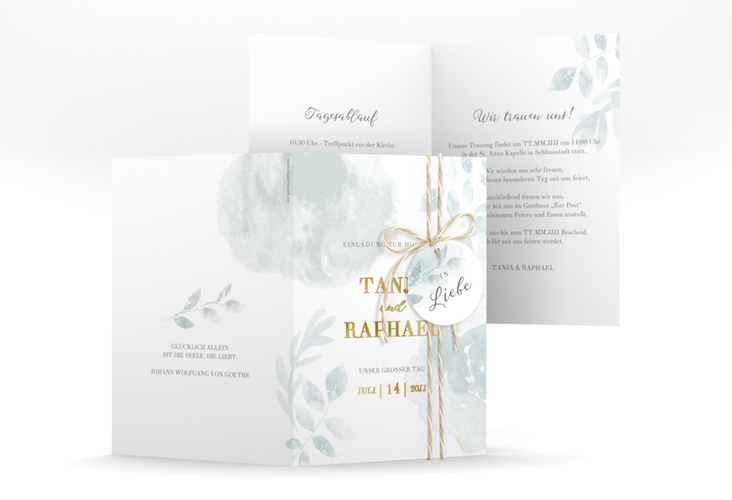 Einladungskarte Hochzeit Blätterdruck A6 Klappkarte hoch mint gold