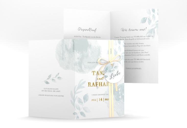 Einladungskarte Hochzeit Blätterdruck A6 Klappkarte hoch mint gold
