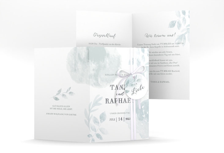 Einladungskarte Hochzeit Blätterdruck A6 Klappkarte hoch mint silber