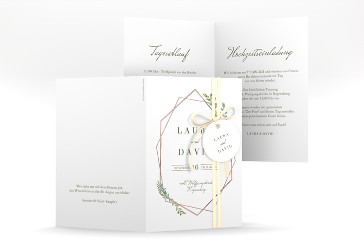 Einladungskarte Hochzeit Herbarium A6 Klappkarte hoch grau rosegold mit geometrischem Rahmen und Blätter-Dekor