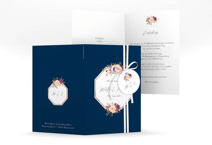 Einladungskarte Hochzeit Prachtvoll A6 Klappkarte hoch blau rosegold
