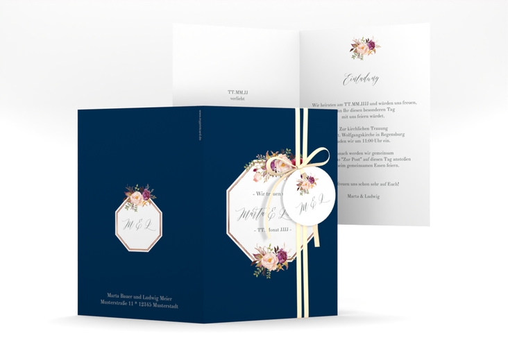 Einladungskarte Hochzeit Prachtvoll A6 Klappkarte hoch blau rosegold