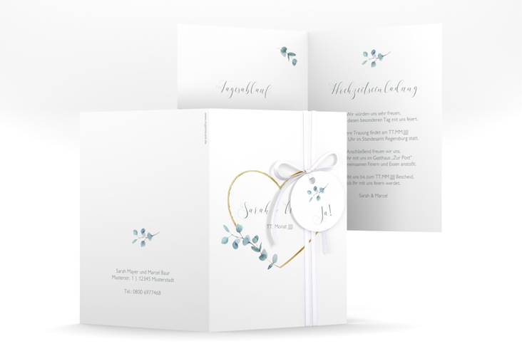 Einladungskarte Hochzeit Greenheart A6 Klappkarte hoch grau gold mit elegantem Herz und Eukalyptus-Zweig