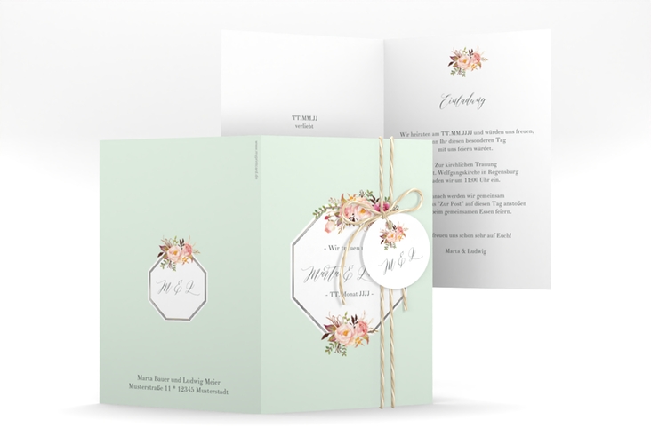 Einladungskarte Hochzeit Prachtvoll A6 Klappkarte hoch mint silber