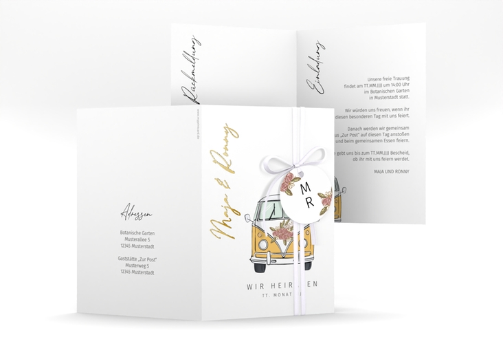 Einladungskarte Hochzeit Hochzeitsbulli A6 Klappkarte hoch gelb gold mit Gräsern und Trockenblumen für Boho-Hochzeit