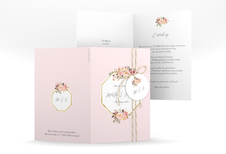 Einladungskarte Hochzeit Prachtvoll A6 Klappkarte hoch rosa gold