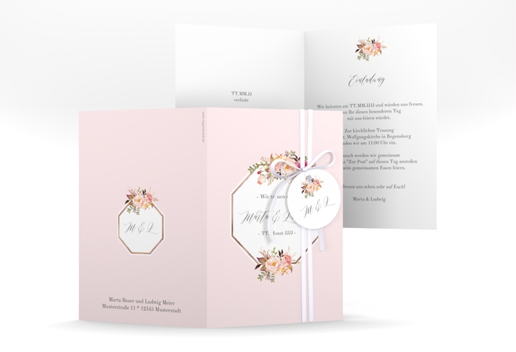 Einladungskarte Hochzeit Prachtvoll A6 Klappkarte hoch rosa rosegold