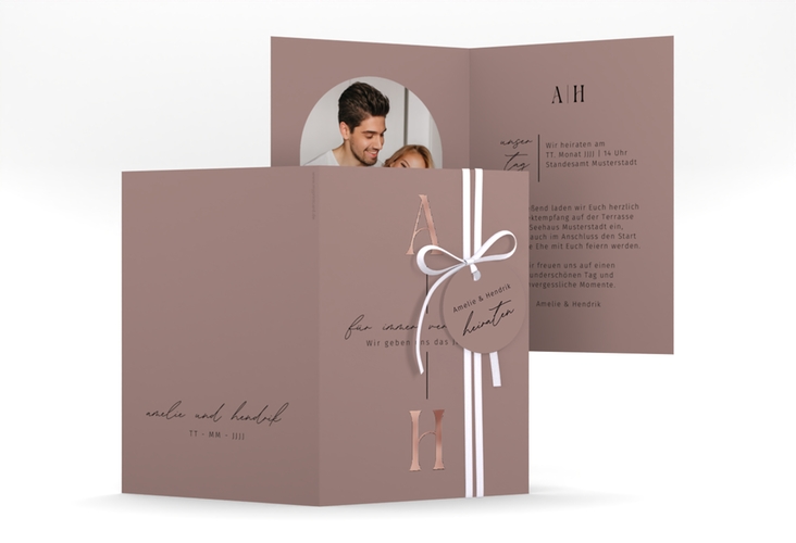 Einladungskarte Hochzeit Lebensbund A6 Klappkarte hoch rosa rosegold mit veredelbaren Initialen
