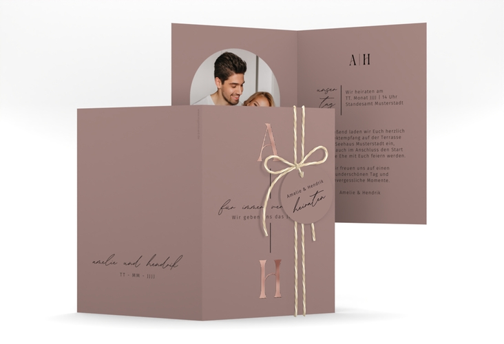 Einladungskarte Hochzeit Lebensbund A6 Klappkarte hoch rosa rosegold mit veredelbaren Initialen