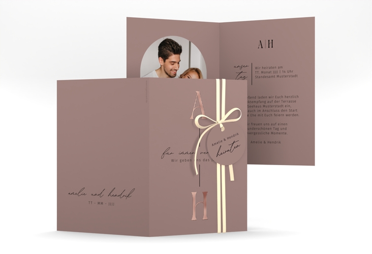 Einladungskarte Hochzeit Lebensbund A6 Klappkarte hoch rosa rosegold mit veredelbaren Initialen