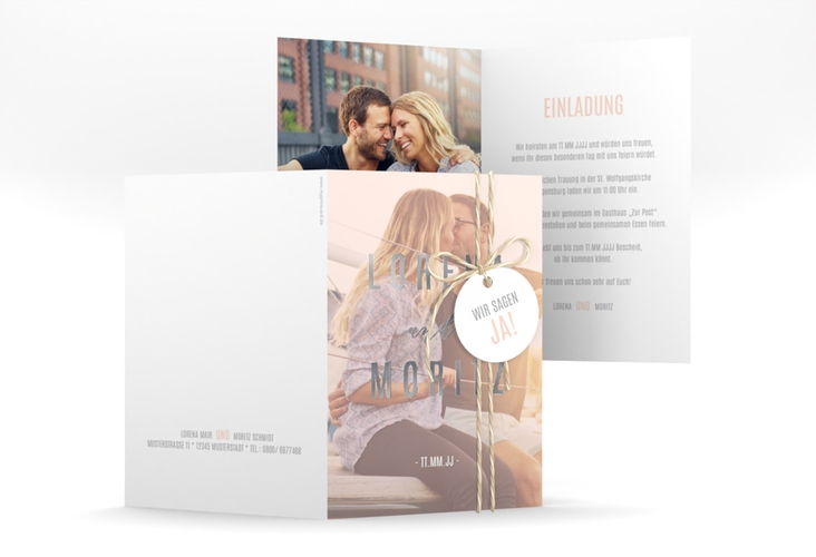 Einladungskarte Hochzeit Memory A6 Klappkarte hoch rosa silber