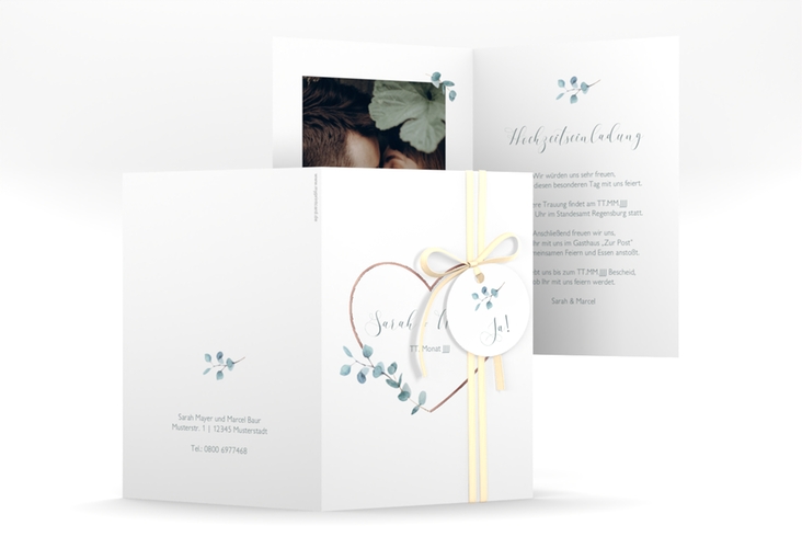 Einladungskarte Hochzeit Greenheart A6 Klappkarte hoch rosa rosegold mit elegantem Herz und Eukalyptus-Zweig