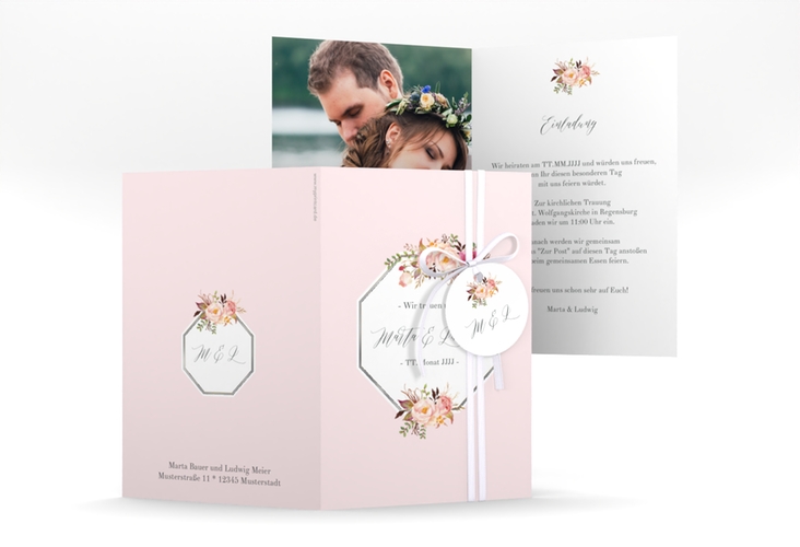 Einladungskarte Hochzeit Prachtvoll A6 Klappkarte hoch rosa silber