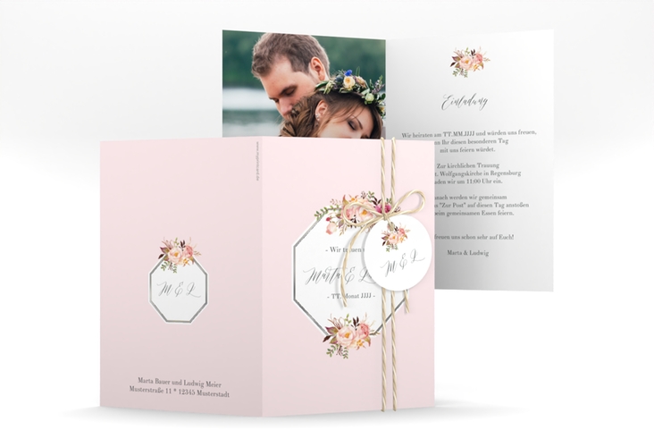 Einladungskarte Hochzeit Prachtvoll A6 Klappkarte hoch rosa silber