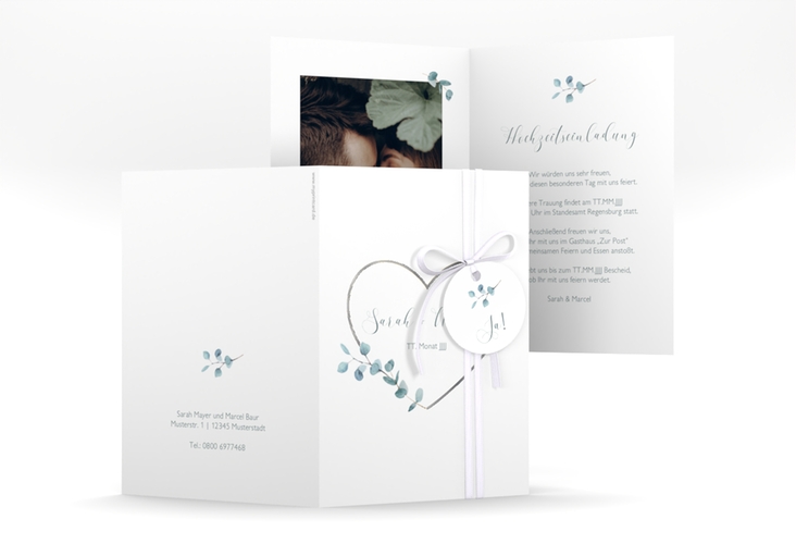 Einladungskarte Hochzeit Greenheart A6 Klappkarte hoch gold silber mit elegantem Herz und Eukalyptus-Zweig