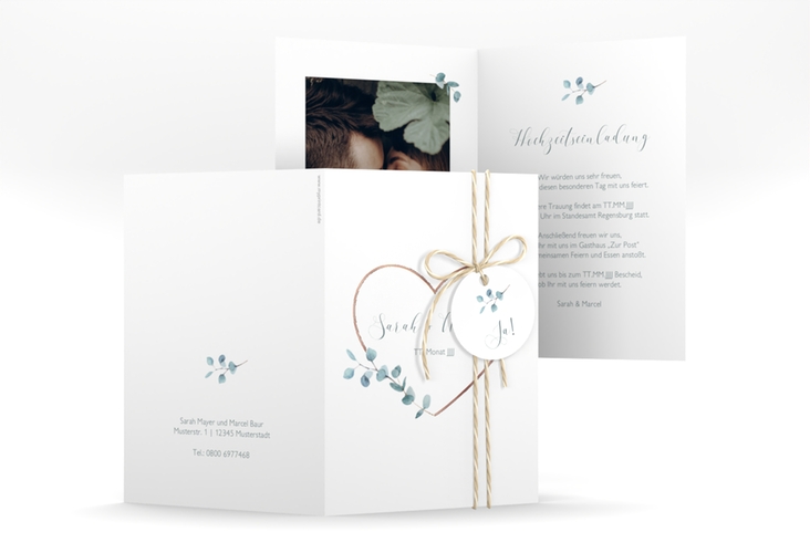 Einladungskarte Hochzeit Greenheart A6 Klappkarte hoch gold rosegold mit elegantem Herz und Eukalyptus-Zweig