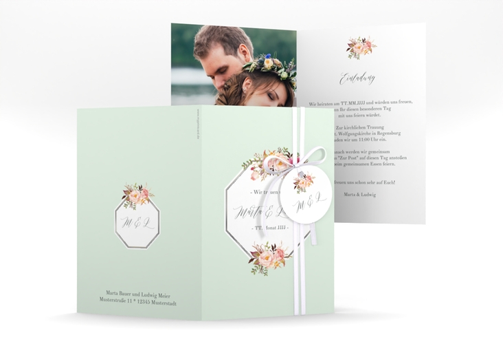 Einladungskarte Hochzeit Prachtvoll A6 Klappkarte hoch mint silber