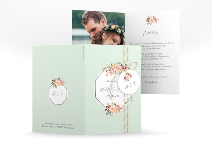 Einladungskarte Hochzeit Prachtvoll A6 Klappkarte hoch mint silber