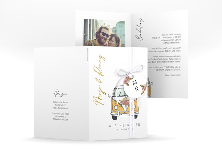 Einladungskarte Hochzeit Hochzeitsbulli A6 Klappkarte hoch gelb gold mit Gräsern und Trockenblumen für Boho-Hochzeit