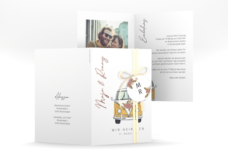 Einladungskarte Hochzeit Hochzeitsbulli A6 Klappkarte hoch gelb rosegold mit Gräsern und Trockenblumen für Boho-Hochzeit