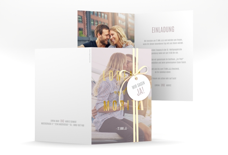 Einladungskarte Hochzeit Memory A6 Klappkarte hoch grau gold