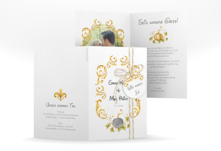 Einladungskarte Hochzeit Märchenhaft A6 Klappkarte hoch gold silber